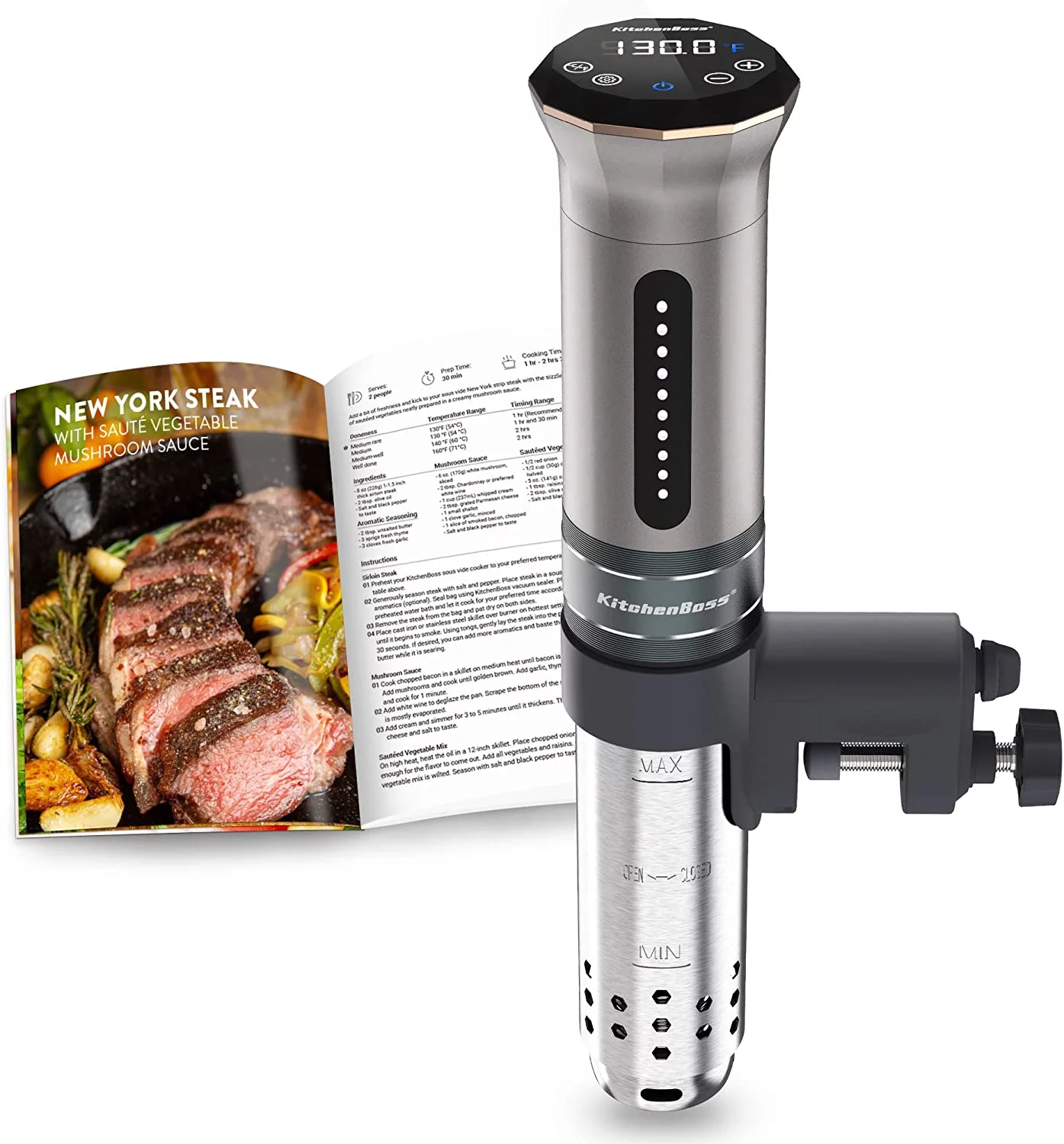 KitchenBoss Sous Vide Cooker Machine: 1100 Watt IPX7 Waterproof Water Thermal Immersion Circulator Accurate Temperature Control Digital Display