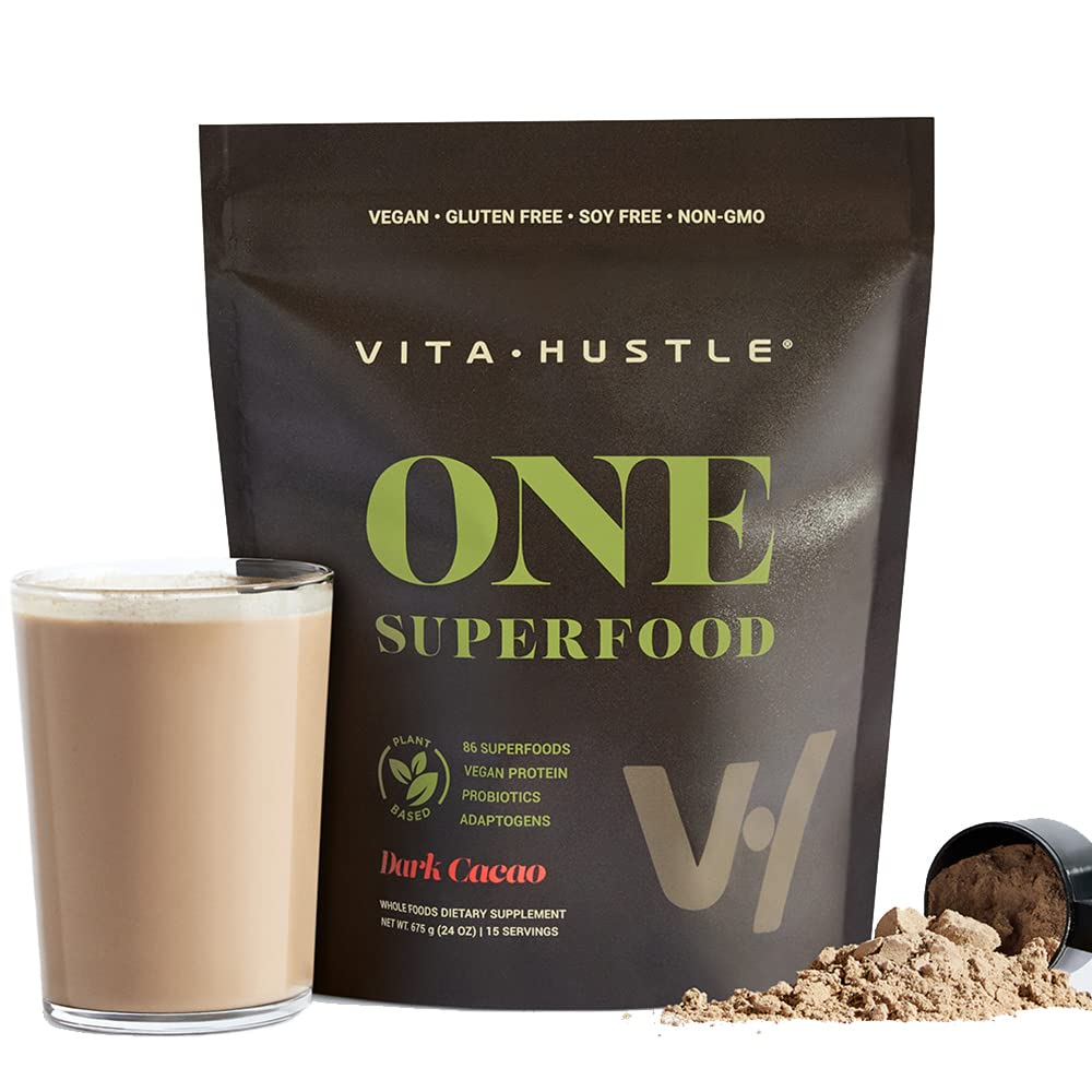 VitaHustle ONE Superfood Vegan Protein Powder Shakes - 20G Plant Based Protein, Super Greens, 1G Sugar, Probiotics, Energy, Digestion, Gluten Free