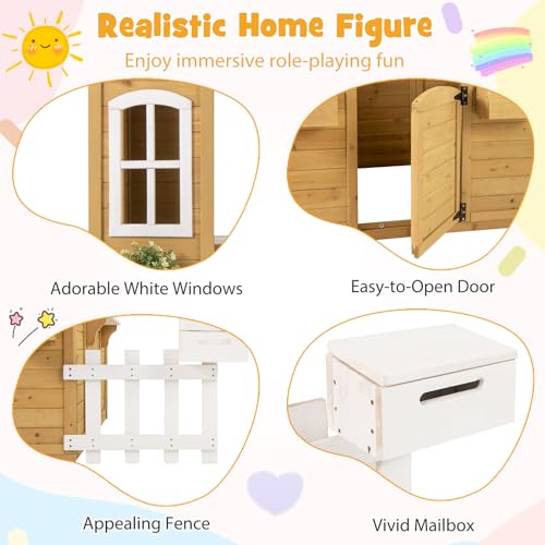 Costzon Outdoor Playhouse, Fir Wood Patio Pretend Play Center w/Bench, Mailbox, Fence, Serving Stations, Flowerpot Holders, Windows & Door