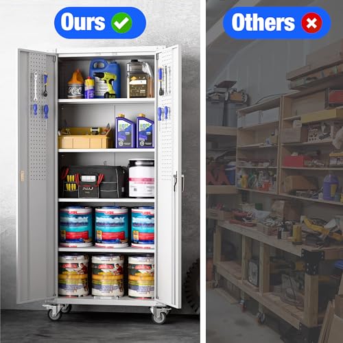71" Metal Storage Cabinet with Wheels and Pegboard, Lockable Rolling Steel Storage Cabinet with 5 Adjustable Shelves and Door for Garage, Office