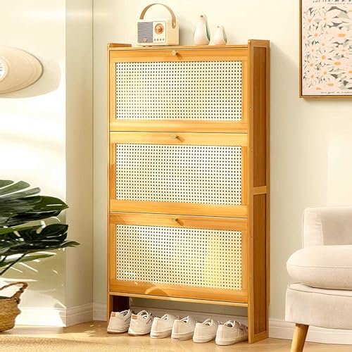 Shoe Storage Shoe Storage Rack 3 Layers Nature Bamboo Shoe Cabinets Hallway Slim Freestanding Shoe Cupboard Organiser with Rattan Pull Down Doors