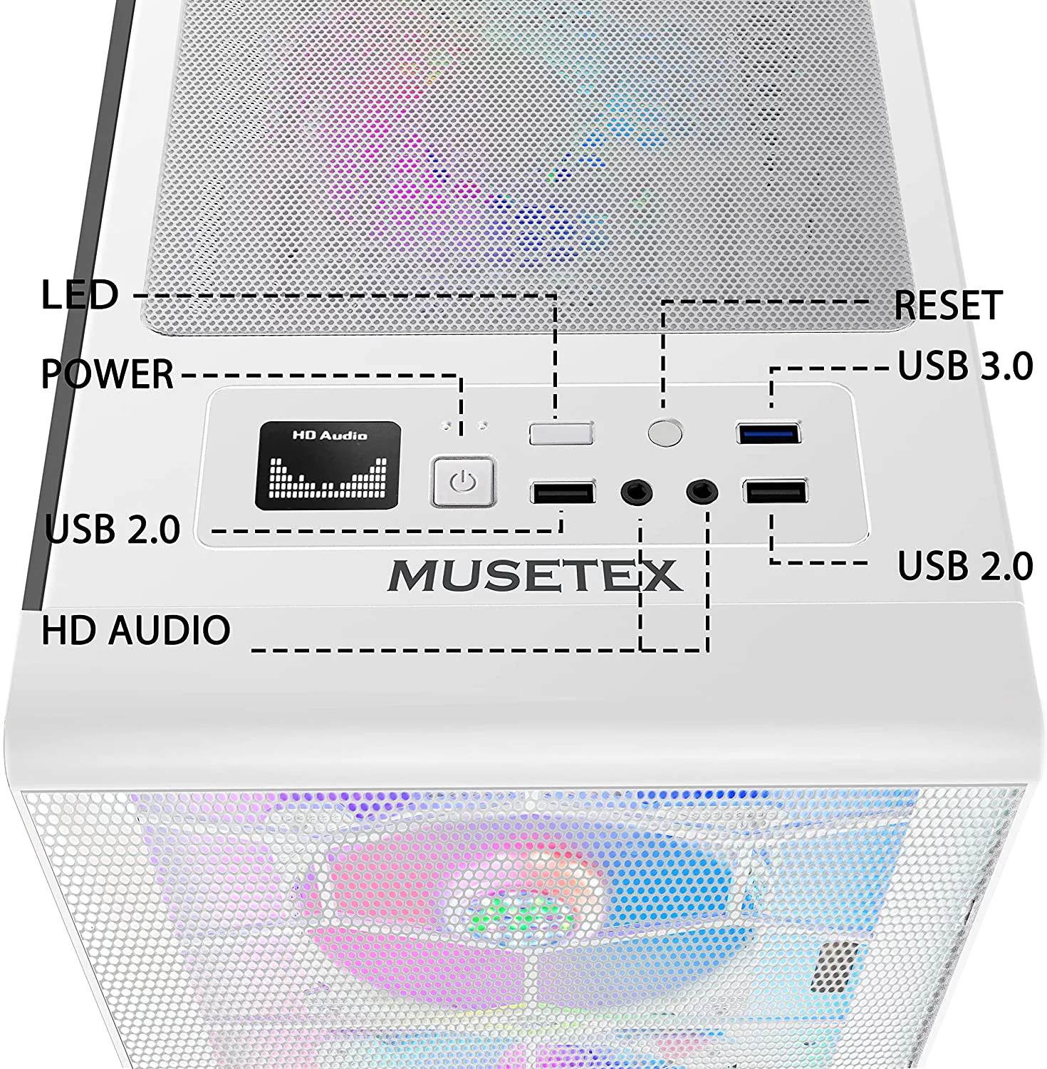 MUSETEX Mesh ATX PC Gaming Case with 6 PCS ARGB Fans USB 3.0 Port Mid-Tower Airflow Tempered Glass Computer Chassis for ATX / Micro-ATX / ITX