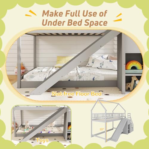 Giantex House Bunk Bed Twin Over Twin with Slide & Stairs, Wood Bunk Bed with Storage Shelves, No Box Spring Needed