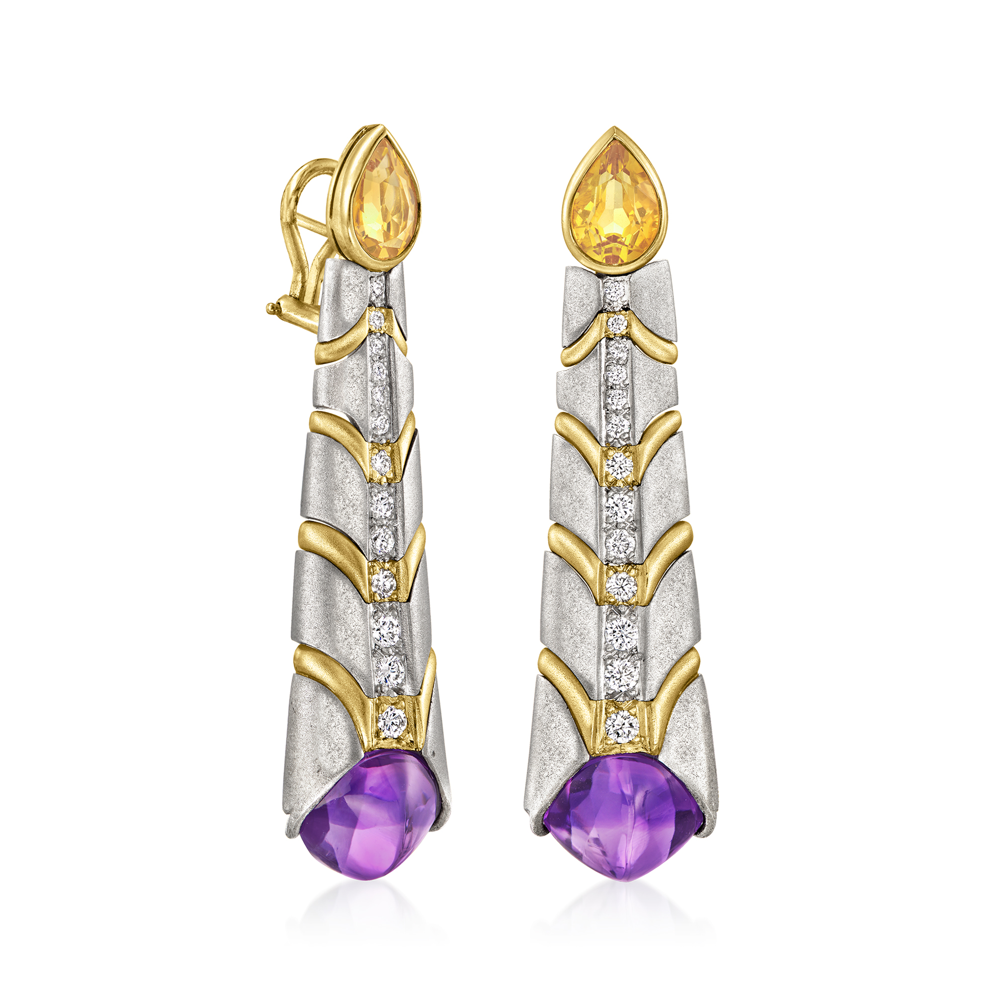 Ross-Simons C. 1980 Vintage 18.00 ct. t.w. Amethyst and 2.40 ct. t.w. Citrine Drop Earrings With .80 ct. t.w. Diamonds in Platinum and 18kt Yellow