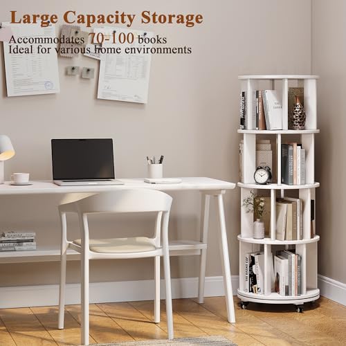 6 Tier Rotating Bookshelf Tower Spinning Bookshelf with Swivel Wheels Book Shelf Rotating Storage Tower for Kids Adult Narrow Walnut Solid Wood