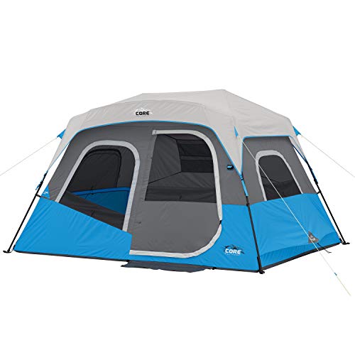 CORE Instant Cabin Tents with LED Lights | 6 Person / 9 Person / 12 Person Family Multi Room Lighted Pop Up Tents for Camping | Included Storage