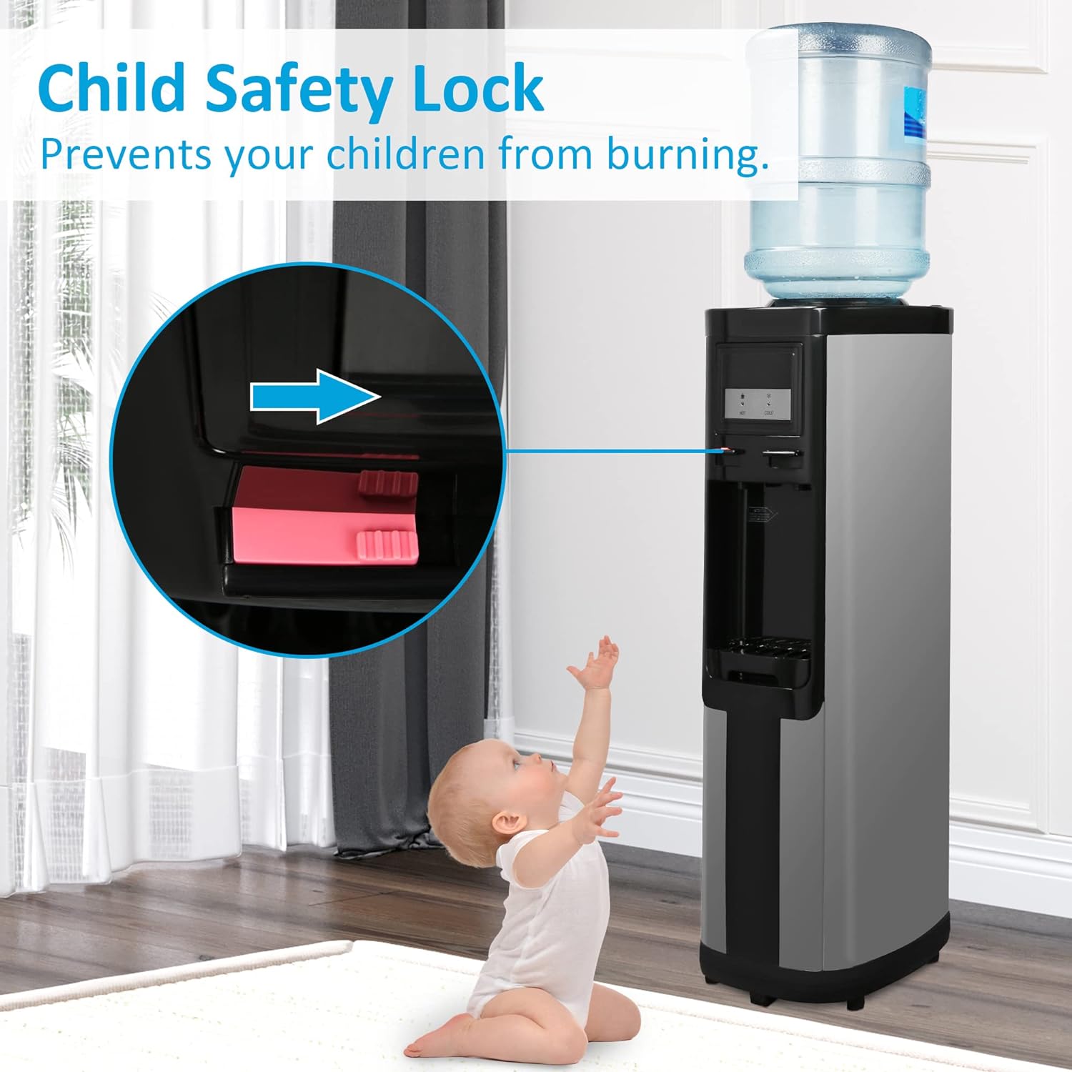 Top Loading Water Cooler Dispenser for 3 & 5 Gallon Water Bottles, Hot & Cold Water, Child Safety Lock, Stainless Steel, Black
