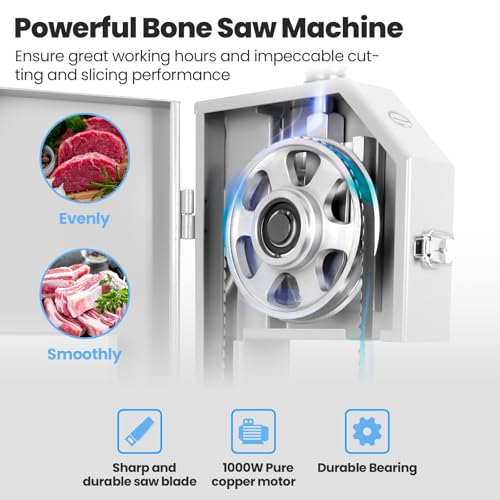 1000W Electric Bone Saw Machine, 18x14" Stainless Steel Worktable, Cuts 0.04-3.9" Thickness, Frozen Meat Cutter with 8 Blades Included