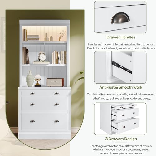 Modern 83.4" Tall 2 Bookshelf & 1 Writting Desk Suite,Bookcase Suite with LED Lighting, Drawers,Study Desk and Open Shelves