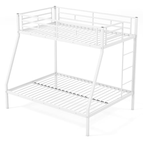 KOMFOTT Twin Over Full Bunk Bed with Trundle, Heavy-Duty Metal Bunk Bed Frame with Guardrail & 2 Ladders, Space-Saving Bunk Bed for Kids/Teens/Adults
