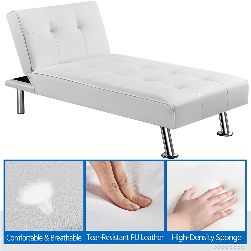 Easyfashion Convertible Faux Leather Futon Chaise Lounge, White