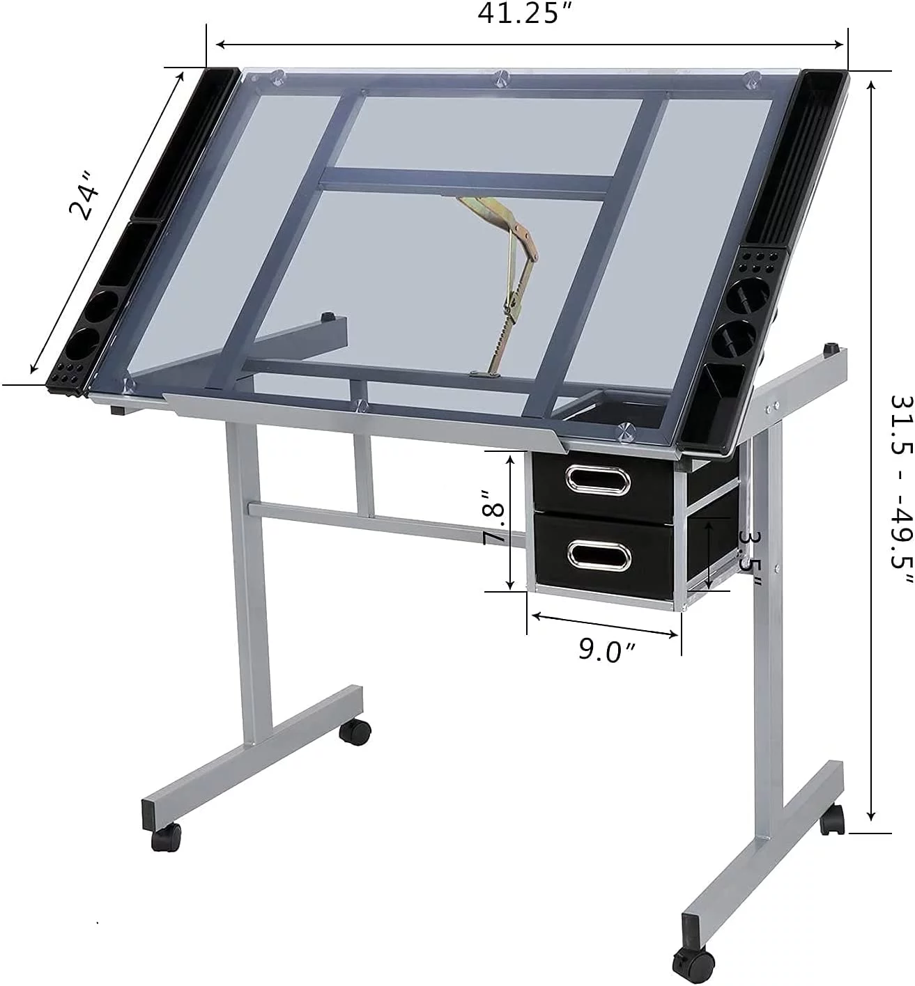 Adjustable Drafting Table Drawing Desk Art Desk Versatile Art Craft Work Station Glass Tabletop w/2 Slide Drawers and Wheels for Reading, Writing