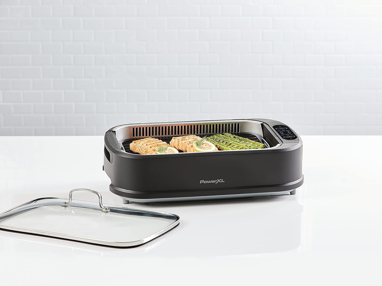 Power XL Smokeless Electric Indoor Removable Grill and Griddle Plates, Nonstick Cooking Surfaces, Glass Lid, 1500 Watt, 21X 15.4X 8.1, black