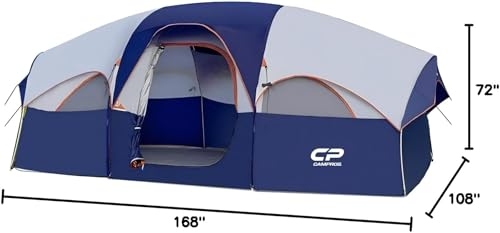 CAMPROS CP Tent 8 Person Camping Tents, Weather Resistant Family Tent, 5 Large Mesh Windows, Double Layer, Divided Curtain for Separated Room
