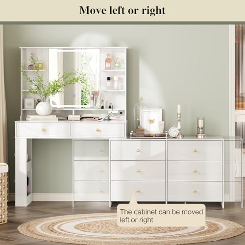 Large Makeup Vanity Desk with Mirror and Lights, Vanity Desk with 8 Drawers & Storage Shelves, Vanity Table with Power Outlet