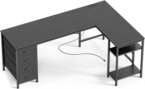 Huuger 63 Inch L Shaped Desk with Fabric Drawers, Reversible Computer Gaming Desk with Power Outlets and USB-C Port, Adjustable Side Storage Shelves