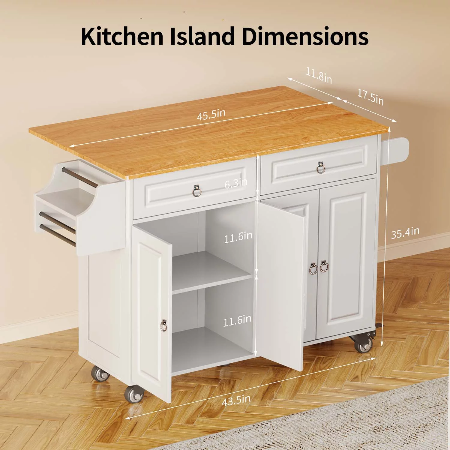 Lofka 52" Kitchen Island with Storage, Kitchen Cart with Drop Leaf, White