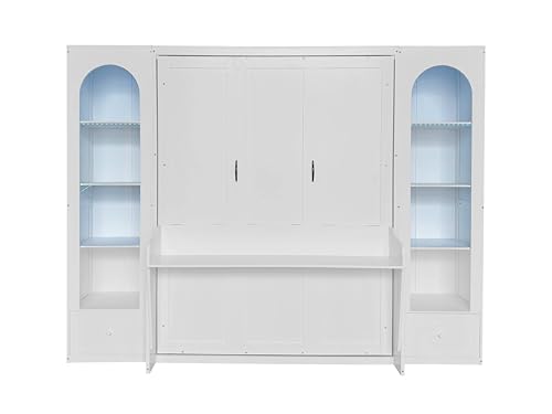 Queen Size Murphy Bed with Desk & Charging Station,Wall Bed Frame Folding into Cabinet Design w/LED & Storage Shelf for Small Space,Bedroom