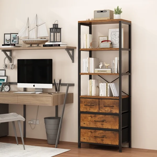 SYTHERS 6 Layer Bookshelf with Drawers, Tall Bookcase with Shelves, Wood & Metal Book Shelf Storage Organizer