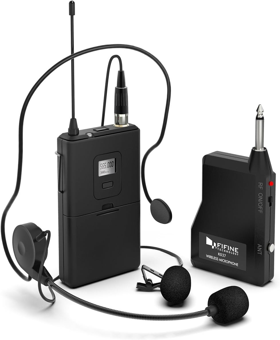 FIFINE Wireless Microphone System, Wireless Microphone Set with Headset and Lavalier Lapel Mics, Beltpack Transmitter and Receiver,Ideal for Teaching