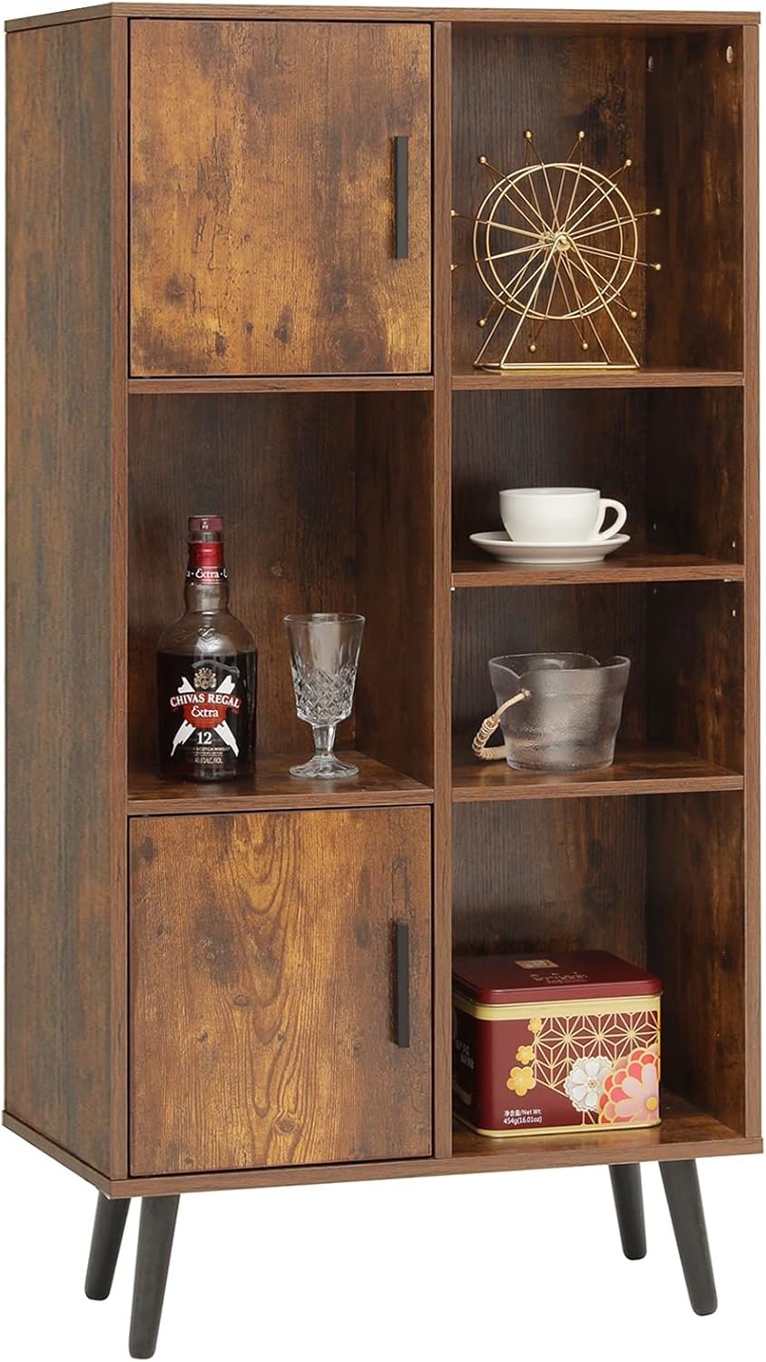 USIKEY Large Storage Cabinet, Mid Century Bookshelf with 2 Doors, 5 Open Shelves, 47.6 H Bookcase Cabinet with Adjustable Shelf