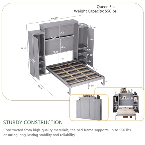 Polib Full Size Murphy Bed with Two Wardrobes and Storage Shelf, Space-Saving Wall Cabinet Bed with Foldable Platform Bedframe for Small Bedrooms