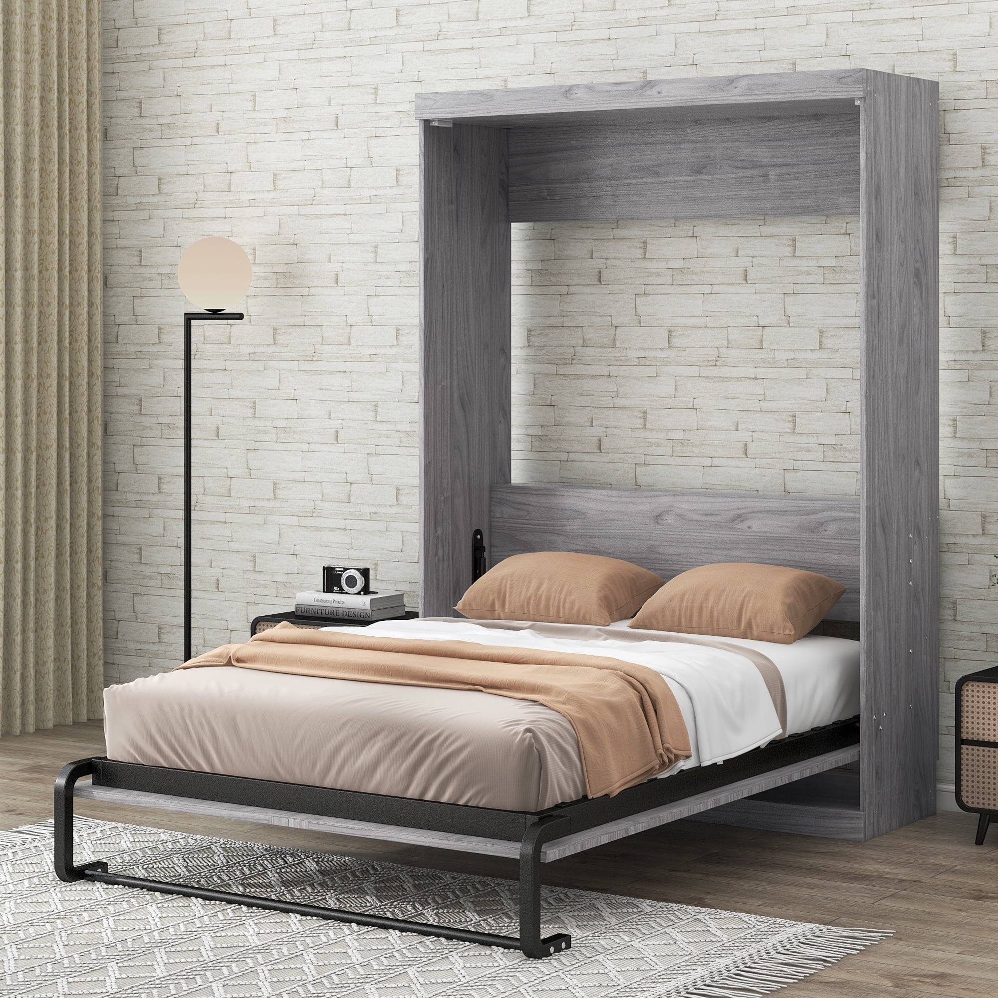 Euroco Pine Wood Full Size Murphy Bed, Convertible Wall Bed into A Cabinet, Gray