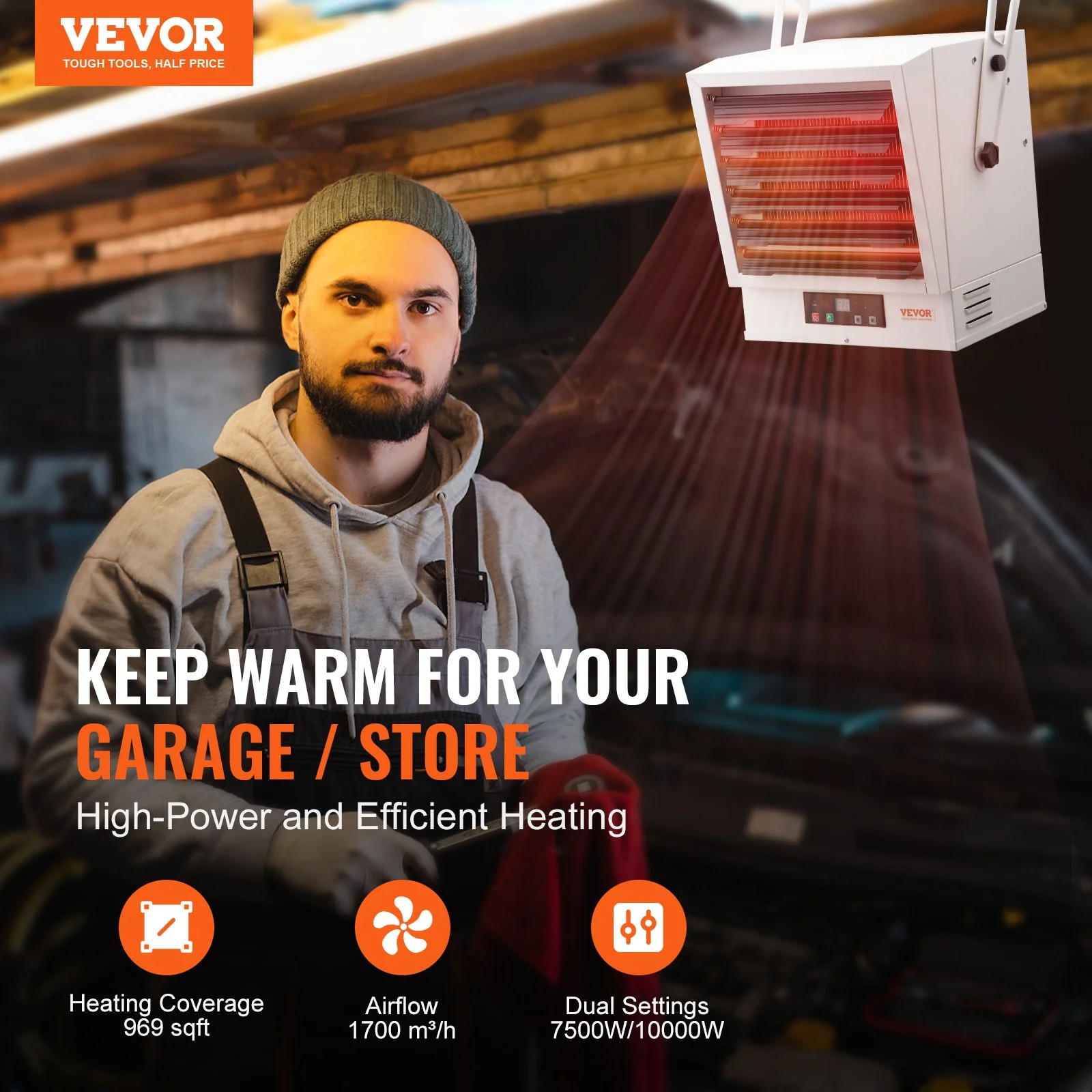 VEVOR 10000-Watt Electric Garage Heater - Digital Fan-Forced Wall/Ceiling Mount Shop Heater with Remote Control, Overheat Protection, Hardwired