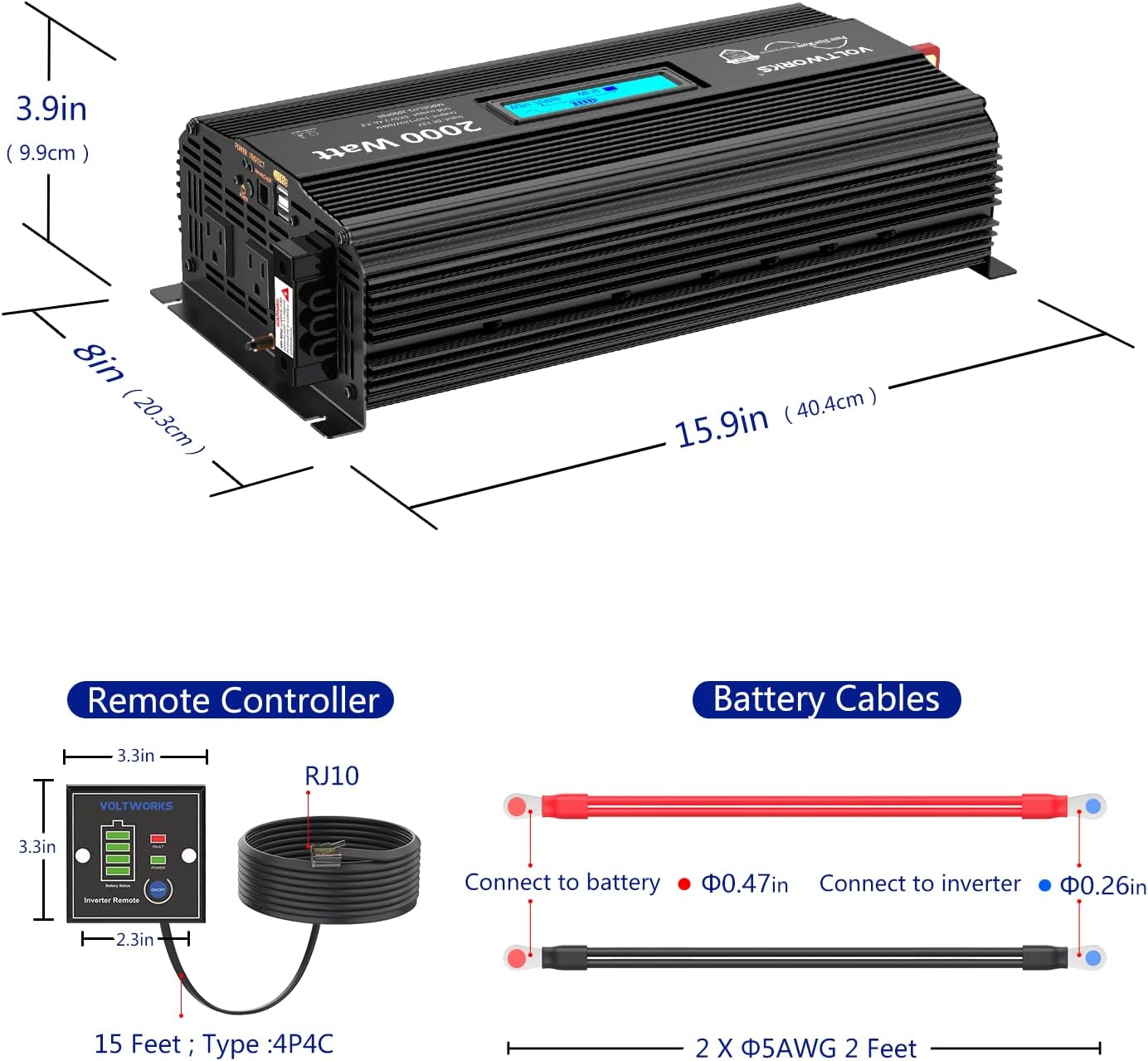 Pure Sine Wave 2500 Watt Car Power Inverter 2500w Converter DC 12V to 110V-120V AC with LCD Display 2 AC Outlets 2x2.4A USB Ports 1 AC Terminal Block