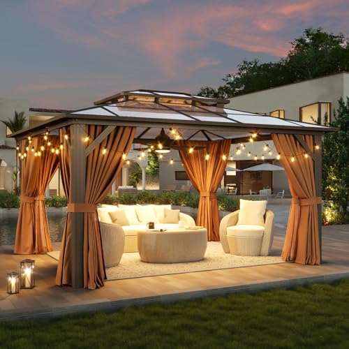 Aoxun 12'x10' Hardtop Gazebo, Aluminum Frame Permanent Pavilion with Curtains and Netting, Outdoor Polycarbonate Double Roof Canopy