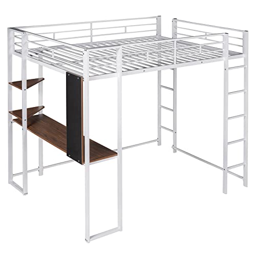Metal Loft Bed with Wardrobe and L-Shaped Desk, Full Size Loft Bed with Storage Cubes and Shelves, Heavy Duty Loft Bed for Kids Teens, White