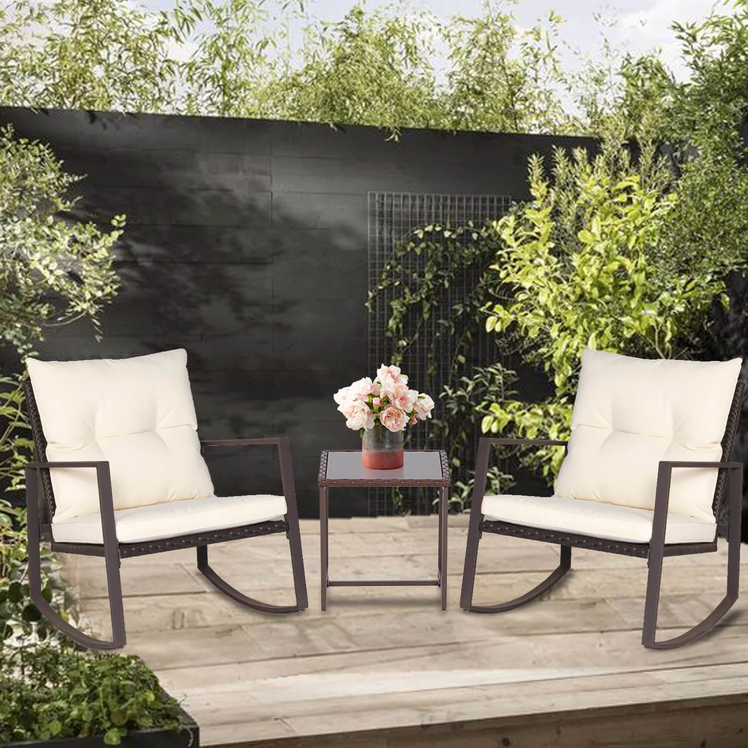 SOLAURA 3-Piece Outdoor Furniture Rocking Chairs Set, Brown Wicker Patio Rocking Chair with Beige Soft Cushions & Glass Coffee Table for Patio