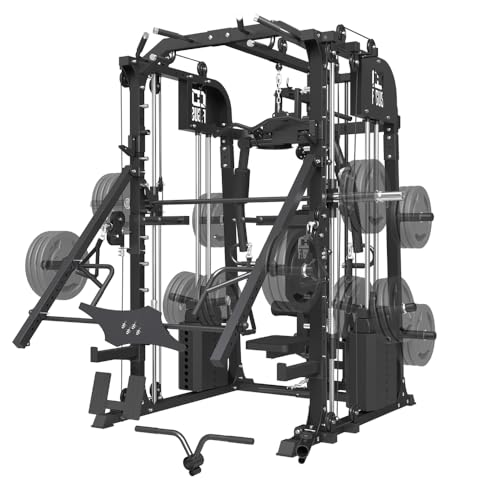 Commercial SmithMachine with Smith Bar, Home Gym Station with Dual Weight Stacks, 4000LBS Power Cage Squat Rack with Lever Arm, Leg Press