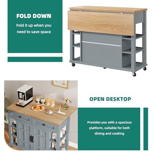 YITAHOME Kitchen Island with Drop Leaf & Power Outlet, Rolling Kitchen Cart on Wheels