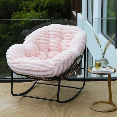 Outdoor Indoor Rocking Chair, Patio Wicker Egg Chair, Indoor & Outdoor Comfy Oversized Papasan Chair with Padded Cushion