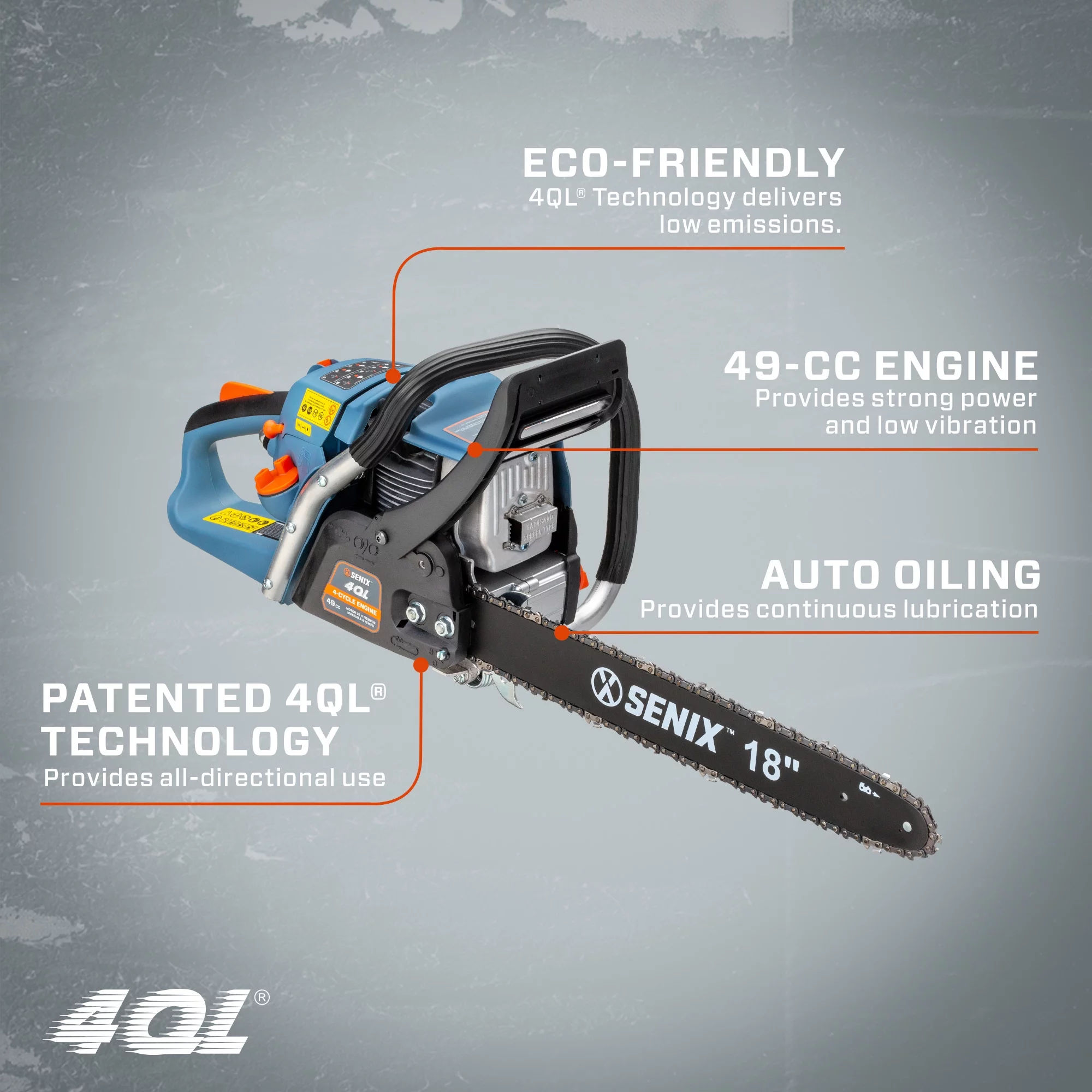 SENIX 49 cc 4-Cycle Gas Powered Chainsaw, 18-Inch Oregon Bar and Chain, CS4QL-L1