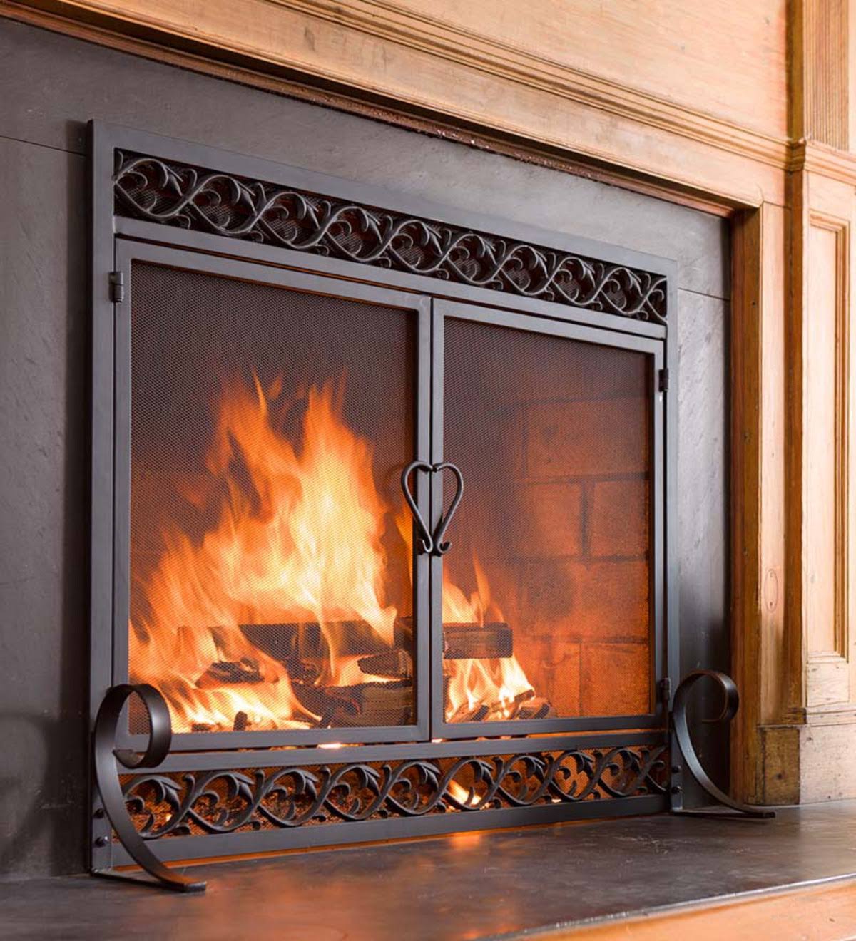 Small Cast Iron Scrollwork Fireplace Fire Screen with Doors