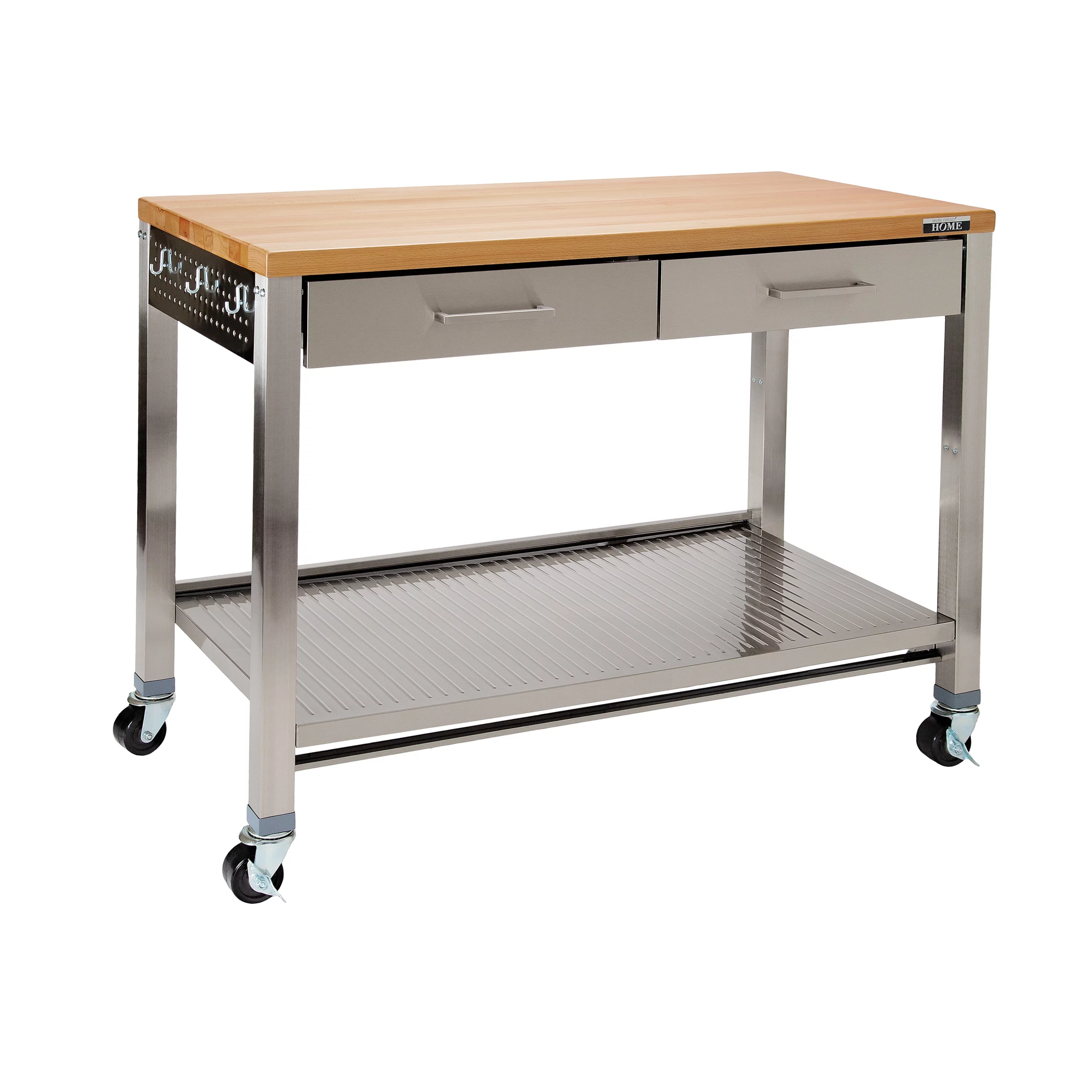 Seville Classics UltraHD Stainless Steel Workcenter Professional Kitchen Island, 2-Drawer, Peg Boards, Steel, Solid Wood Top
