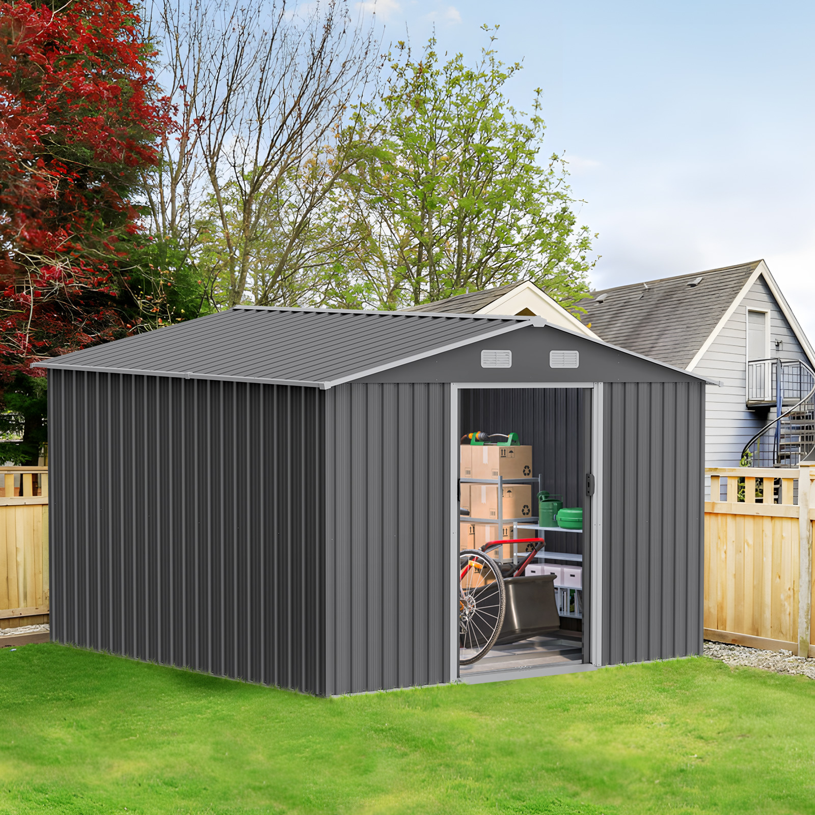 SYTHERS 10x8 FT Outdoor Storage Shed, Metal Garden Sheds Kit with Double Lockable Door, All Weather Garden Tool Sheds for Backyard Patio, Grey