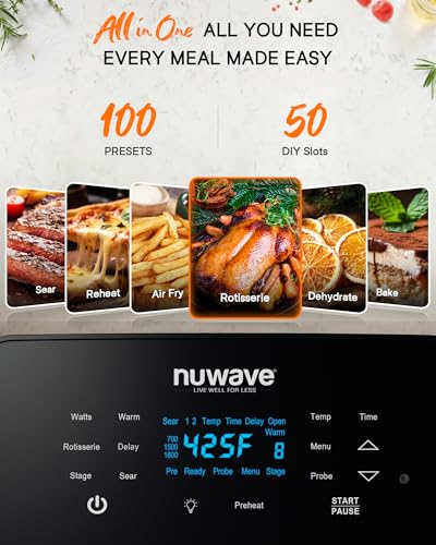 Nuwave Brio 15.5Qt Air Fryer Rotisserie Oven, X-Large Family Size, Powerful 1800W, 4 Rack Positions, 50°-425°F Temp Controls, 100 Presets & 50 Memory