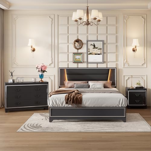 Harper & Bright Designs 3-Pieces Bedroom Sets Queen Size Upholstered Bed with LED Lights