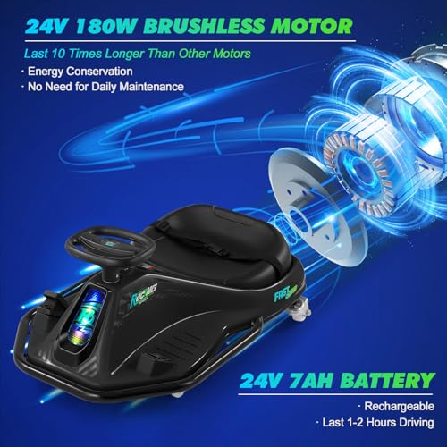 360 Degrees Rotating Ride On Drift Car and 2 Replacement Universal Wheels, 24V Electric Drifting Go Kart for Kids W/Brushless Motor, High/Low Speed