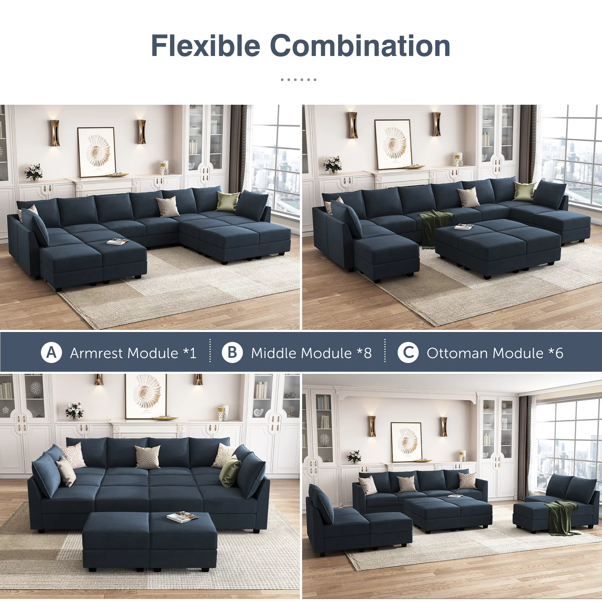 HONBAY Velvet Sectional Sofa Reversible Sleeper Sofa Modular Couch for Apartment, Navy Blue
