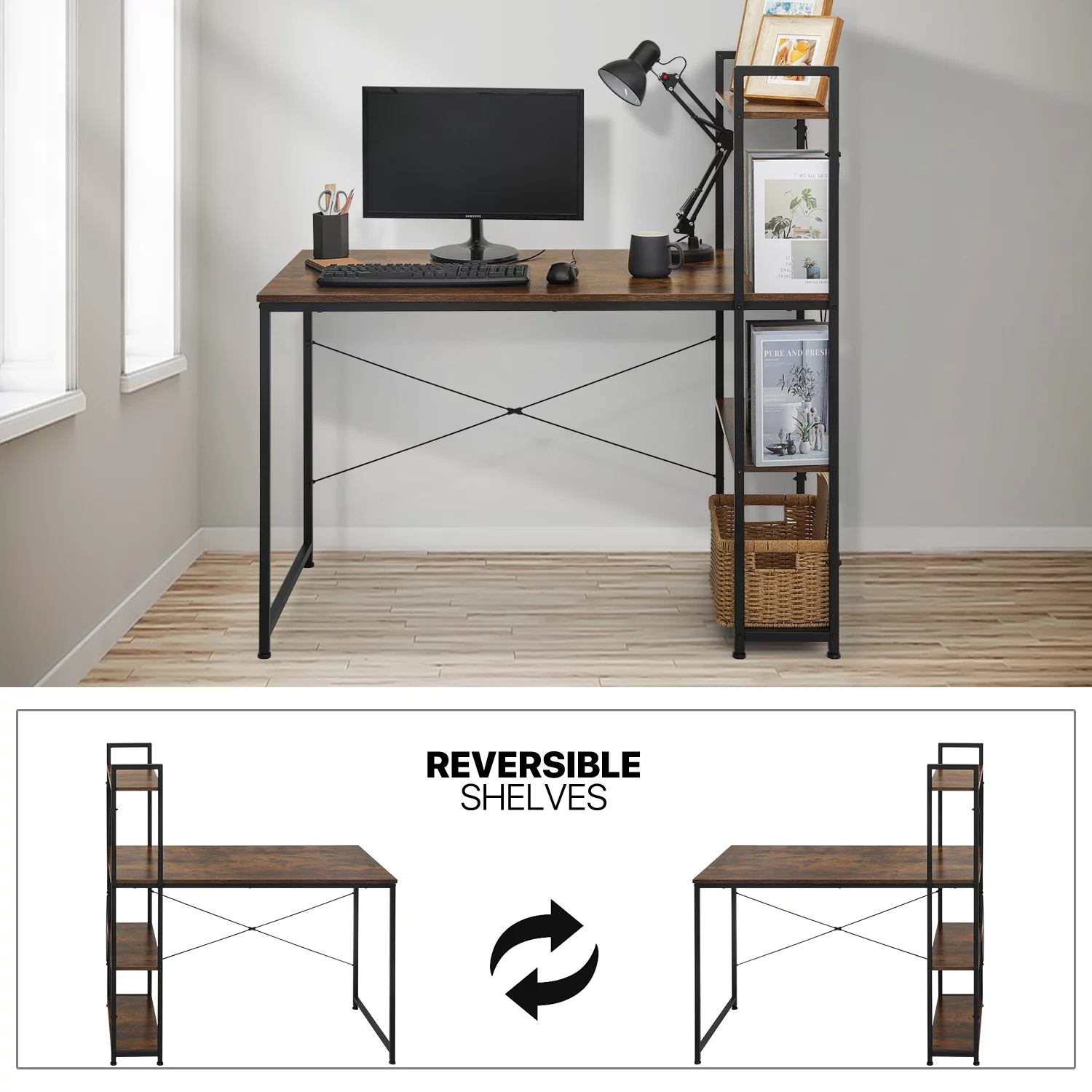 MoNiBloom Computer Desk & Chair Set, Ergonomic High Back Chair and Study Writing Table with Display Bookshelf, Black