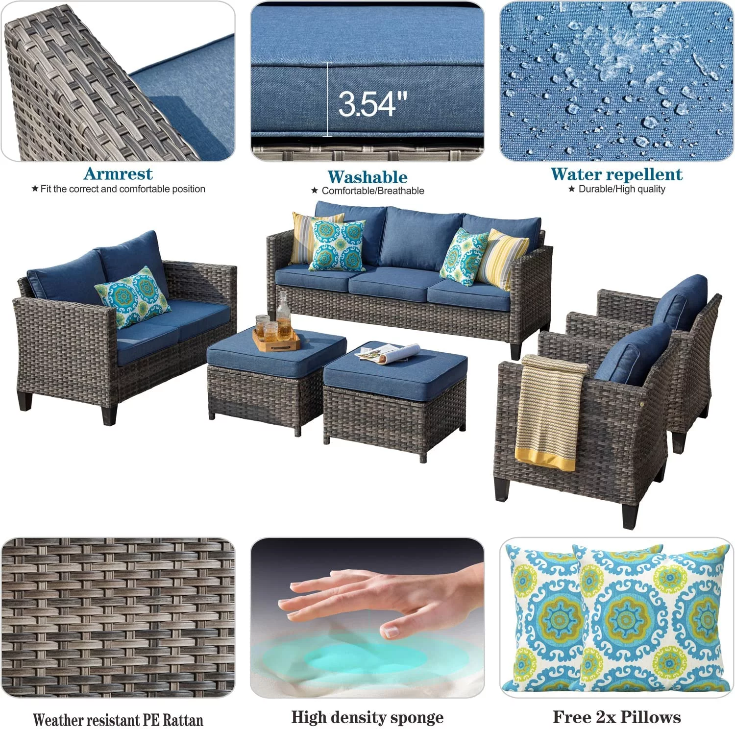 Ovios 6 Pieces Outdoor Patio Furniture All-Weather Sectional Sofa with Loveseat for Lawn, Steel Frame