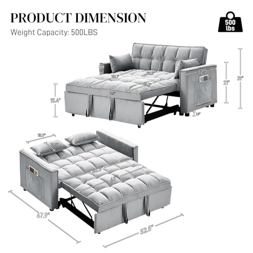 Convertible Sleeper Sofa Bed, Velvet Pull Out Couch Bed,3-in-1 Convertible Upholstered Loveseat Sofa
