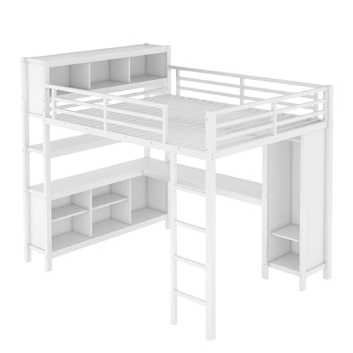 Harper & Bright Designs Full Loft Bed with Desk, Metal Loft Beds with Storage Shelves, Desk, and Wardrobe, Heavy-Duty Loft Bed Frame for Kids, Teens