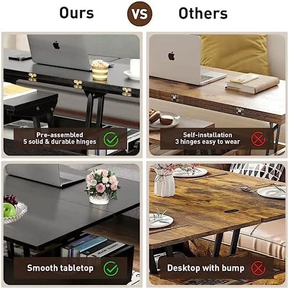 RUNFAYBIU Lift Top Coffee Table  4 in 1 Multi-  with  for Living Room  Modern Lift Dining Table with Shelves for Dining Reception Room  Rustic Brown