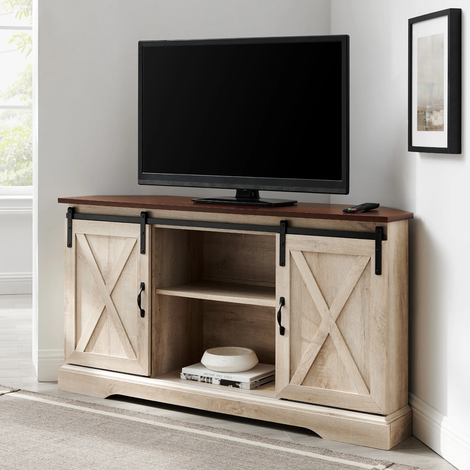 Walker Edison Modern Farmhouse Sliding Door Corner TV Stand, White Oak