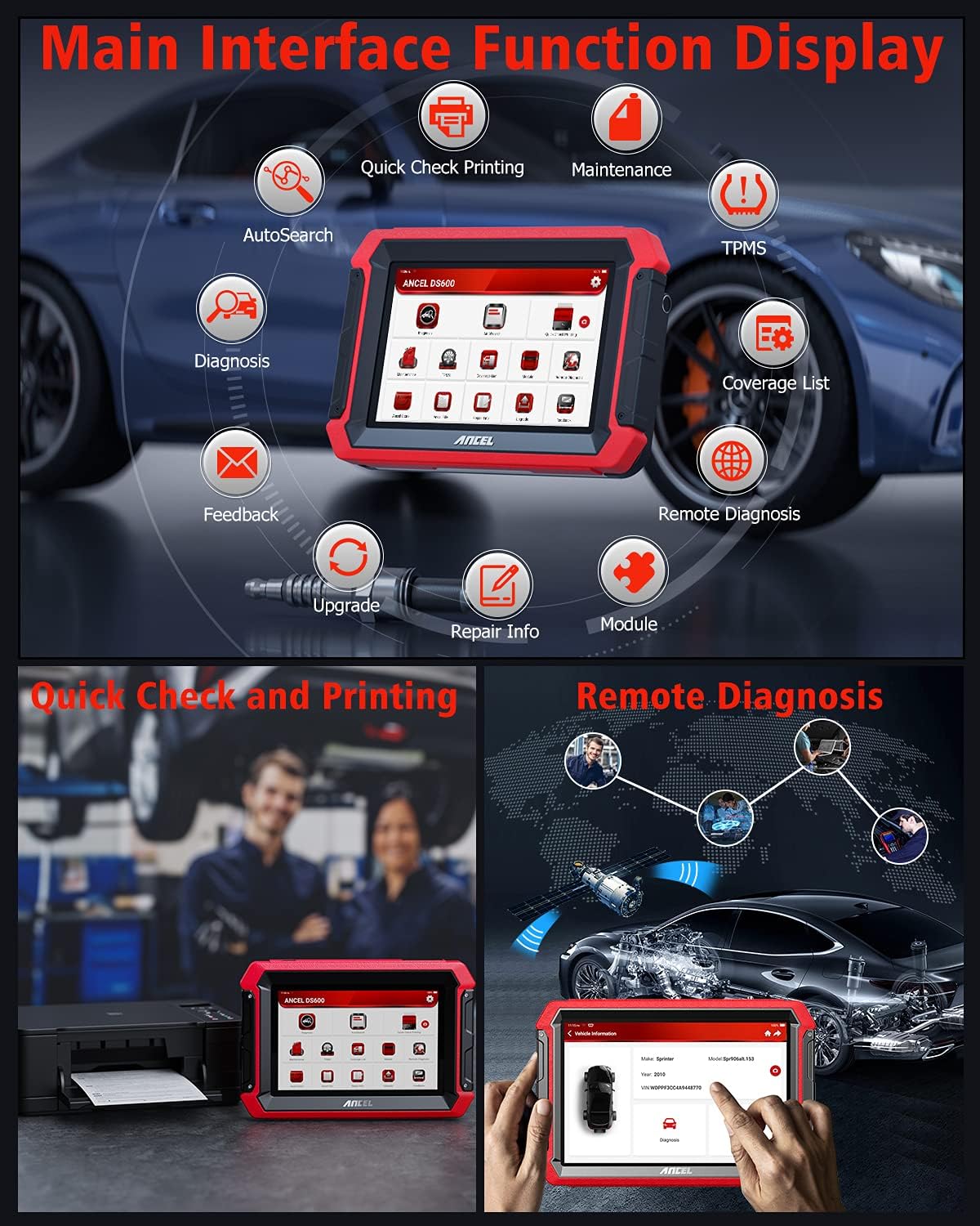 ANCEL DS600 Top Version Full Function Automotive Diagnostic Scan Tool for All Cars, 34+ Reset Services All System Bi-Directional Car OBD2 Scanner